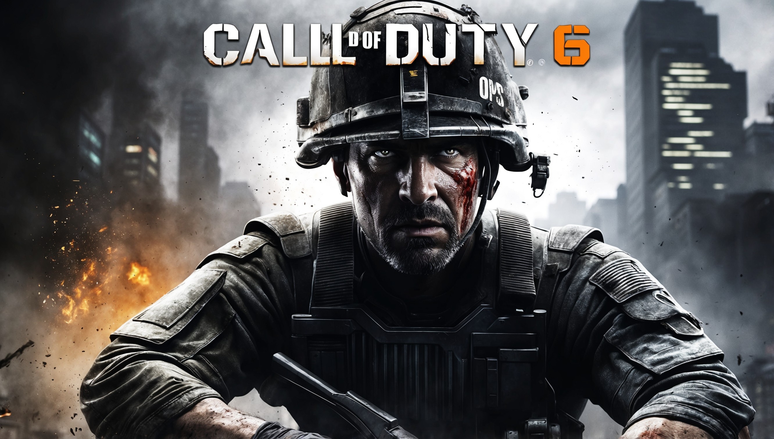 A gritty, high-octane key art illustration for Call of Duty: Black Ops 6, featuring a rugged, battle-hardened soldier clad in a black tactical uniform, with a weathered, worn-out helmet, and a prominent, blood-stained scar above his left eyebrow, set against a dark, smoky urban background with neon-lit skyscrapers, littered with debris and destruction, with hints of orange and yellow hues from explosions and muzzle flashes, and a bold, metallic font 