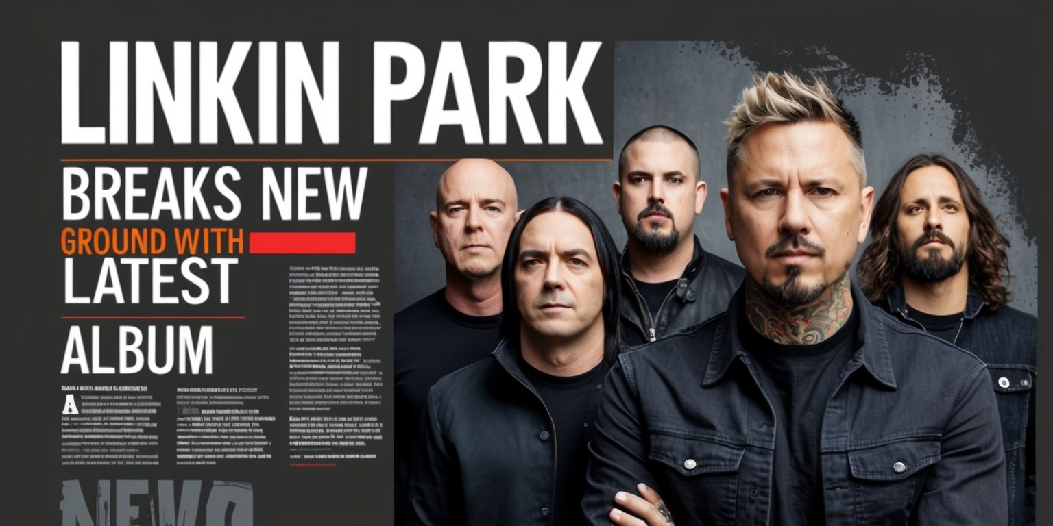 A news article featuring the iconic American rock band Linkin Park, with a bold, eye-catching headline that reads Linkin Park Breaks New Ground with Latest Album in a modern, sans-serif font, against a dark gray or black background to reflect the band's intense sound, with a subtle texture resembling the grain of a newspaper, and a splash of bright colors such as red or orange to draw attention to the title, accompanied by a high-quality, candid photograph of the band members, Chester Bennington, Mike Shinoda, Brad Delson, Dave Phoenix Farrell, Joe Hahn, and Rob Bourdon, with detailed facial features, including Chester's distinctive tattoos and piercing eyes, Mike's sharp jawline, and the others' unique hairstyles and expressions, arranged in a horizontal composition with ample negative space to create a sense of balance and harmony, and a simple, clean layout that puts the focus on the article's content.