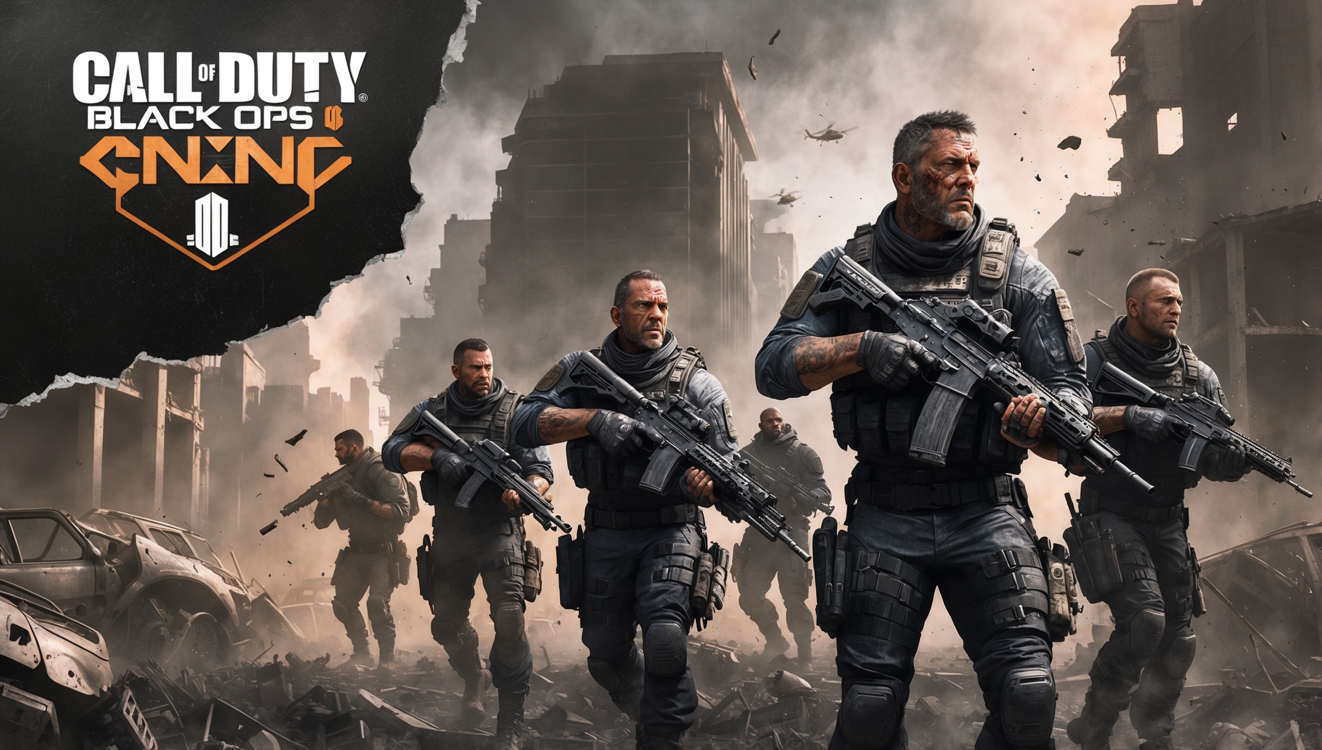 A gritty, hyper-realistic illustration of a futuristic battlefield, set in a dystopian urban environment, inspired by the Call of Duty: Black Ops 6 game, with a warm, desaturated color palette featuring shades of dark grey, black, and muted orange, evoking a sense of intensity and chaos, depicting a group of heavily armed, elite special operatives, clad in tactical gear, with worn, weathered faces, sweat-drenched skin, and determined expressions, amidst a backdrop of ruined buildings, destroyed vehicles, and flying debris, with the game's logo emblazoned in bold, metallic font, in the top-left corner of the image, in a distressed, worn effect, as if torn from a battle-worn banner.