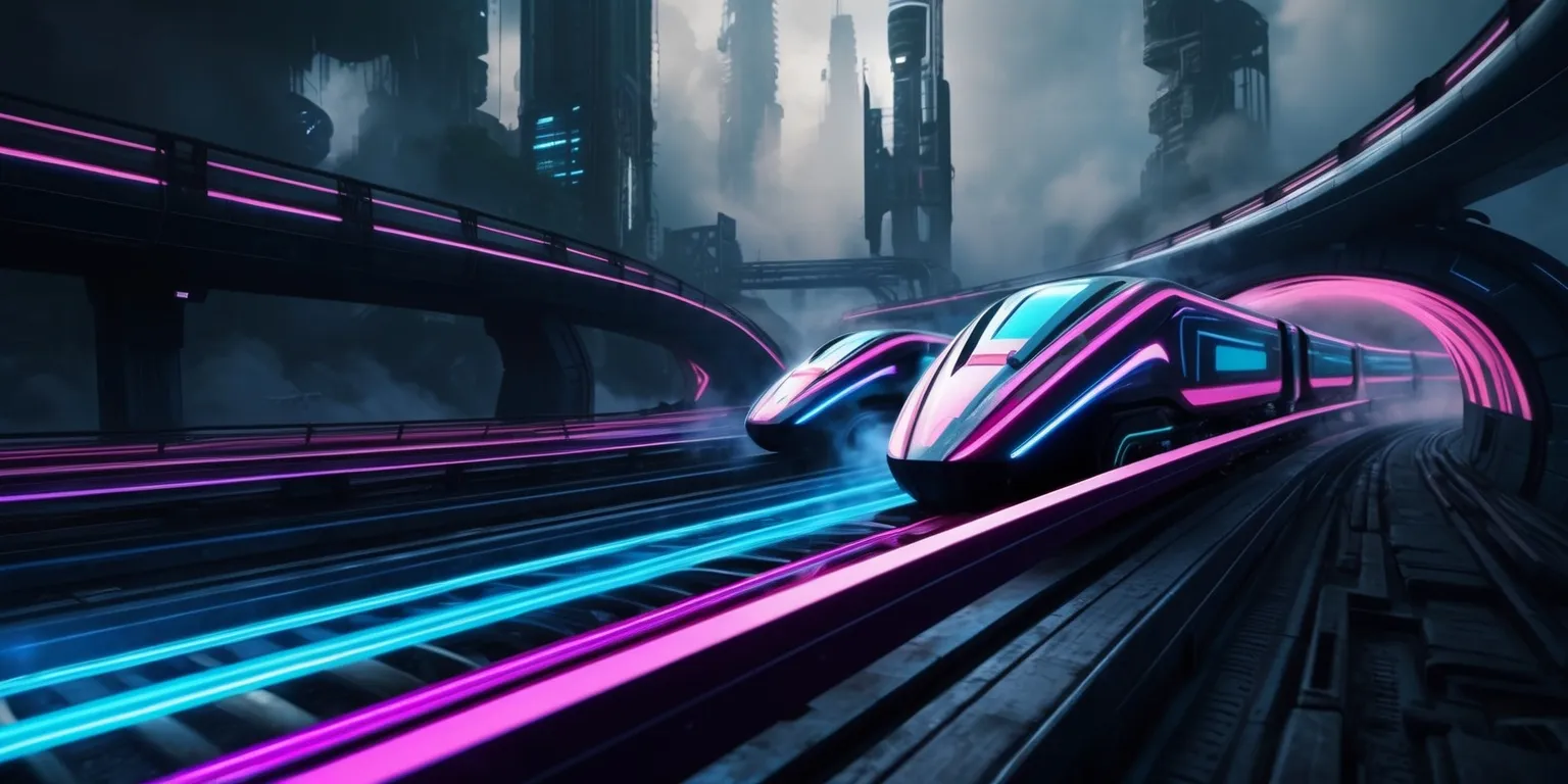 A futuristic rail stunt racing game scene with sleek, neon-lit tracks and high-tech trains, set against a dark, gritty, cyberpunk-inspired cityscape with towering skyscrapers and dense fog, the trains are designed with bold, angular lines and vibrant, glowing accents, speeding through a maze of elevated rails and tunnels, with a sense of dynamic movement and energy, the image features a blurred background with sharp, detailed trains in the foreground, capturing the thrill and excitement of high-speed racing, with a color palette dominated by shades of blue, purple, and pink, and a sense of depth and dimensionality created by subtle lighting effects and atmospheric haze.