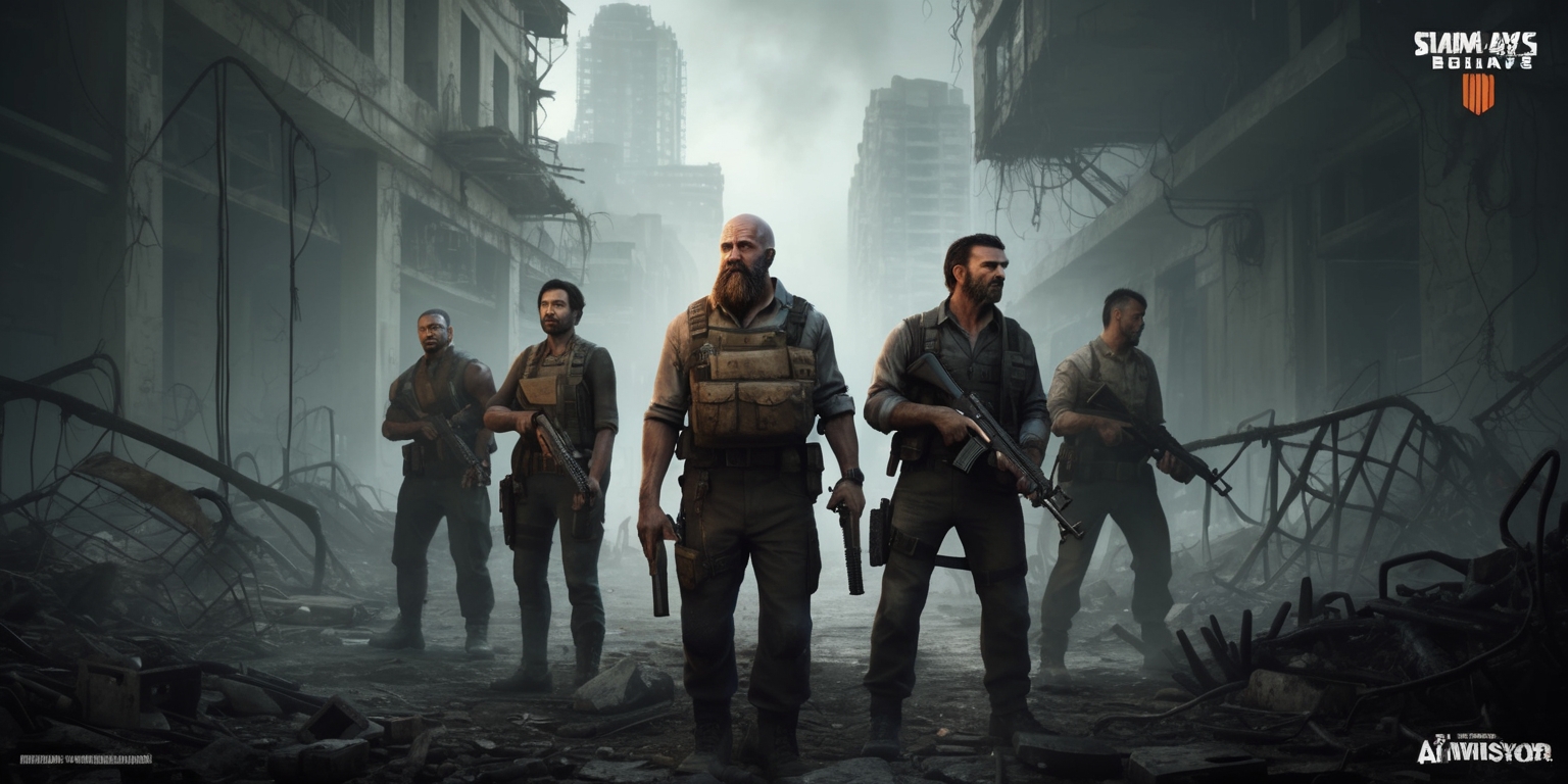 A haunting, dimly lit scene depicting a desolate, post-apocalyptic environment, set amidst the eerie backdrop of a long-abandoned cityscape, with crumbling buildings, twisted metal, and debris-littered streets, evoking a sense of foreboding and dread, inspired by the Black Ops 6 Zombies game; in the center, a group of four survivors, each with distinct facial features, worn attire, and weathered skin, clutching weapons, standing back-to-back, ready to face the impending undead threat, with one figure, a grizzled, battle-hardened veteran, sporting a rugged beard, and a scar above his left eyebrow, gazing warily into the distance; the atmosphere is heavy with tension, the air thick with the stench of decay, and the sound of distant groaning, ominous whispers, and creaking metal echoes through the desolate landscape, all rendered in a gritty, realistic style, with muted earth tones, and splashes of eerie, otherworldly lighting.