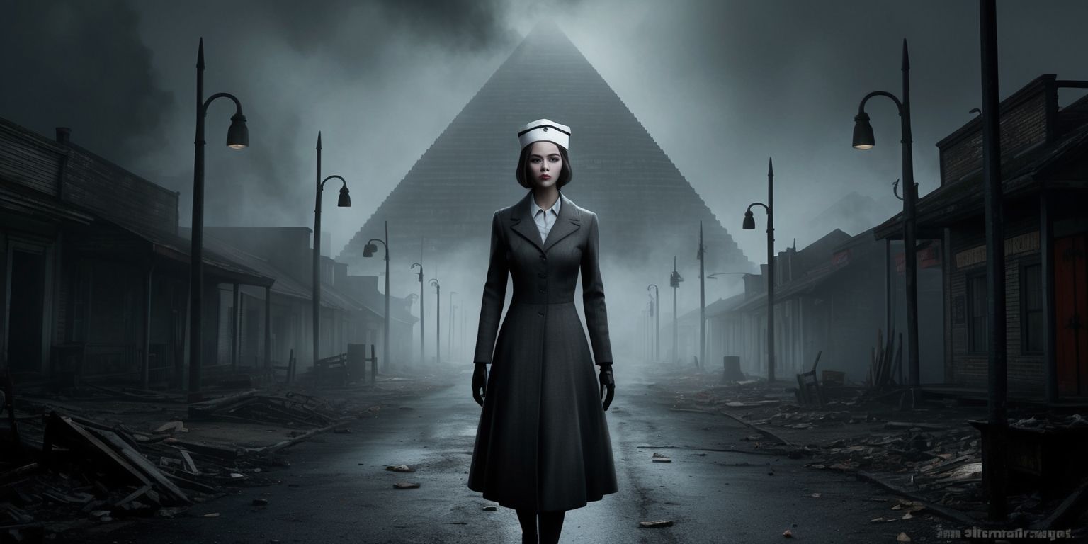 A haunting and eerie atmosphere of a foggy town from the Silent Hill series, with a lone figure of a woman in a long coat and nurse's hat, her face pale with dark circles under her eyes, walking down a deserted street lined with old streetlights and worn-out buildings, the ground littered with debris and ashes, in the background a massive and ominous pyramid-like structure looms, with a dark and muted color palette consisting of shades of gray, brown, and red, the overall scene is shrouded in a thick and eerie fog, with a sense of dread and foreboding hanging in the air, the woman's face is expressionless, her eyes fixed on some point in the distance, as if she is being drawn to something, the image is rendered in a survival horror game style, with a mix of realistic and distorted elements, the overall mood is one of tension and fear.