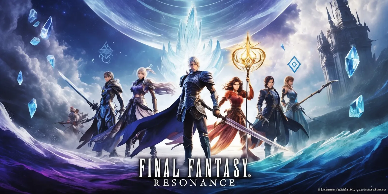 Key art for a cinematic Final Fantasy Resonance game, featuring a diverse group of heroic adventurers standing on a windswept crystalline landscape beneath a vast celestial sky, with an elegant armored swordsman, a determined mage holding a glowing arcane staff, and a mysterious heroine surrounded by luminous musical sigils. Dramatic fantasy architecture and floating crystal fragments fill the background, suggesting a world shaped by magic, memory, and music. Rich sapphire blue, violet, silver, gold, and radiant turquoise lighting, highly detailed character designs, flowing fabric, ornate armor, expressive faces, atmospheric mist, dynamic composition, polished Japanese role-playing game artwork, epic scale, painterly digital illustration, sharp focal details, cinematic rim lighting, and a bold metallic fantasy title logo reading Final Fantasy Resonance near the lower portion of the image.