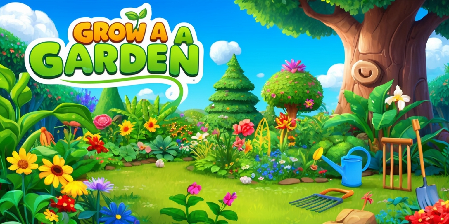 A vibrant and colorful digital illustration of a whimsical garden scene for the Grow a Garden game, featuring a variety of lush green plants, colorful flowers, and towering trees, with a bright blue sky and fluffy white clouds in the background, a few garden tools and accessories such as a watering can, a rake, and a gardening hat are scattered throughout the scene, the game's logo is prominently displayed in a bold, playful font with the words Grow a Garden written in a curved line above a stylized image of a blooming flower, the overall style is reminiscent of a fantasy world with intricate details and textures, with a mix of realistic and cartoonish elements.