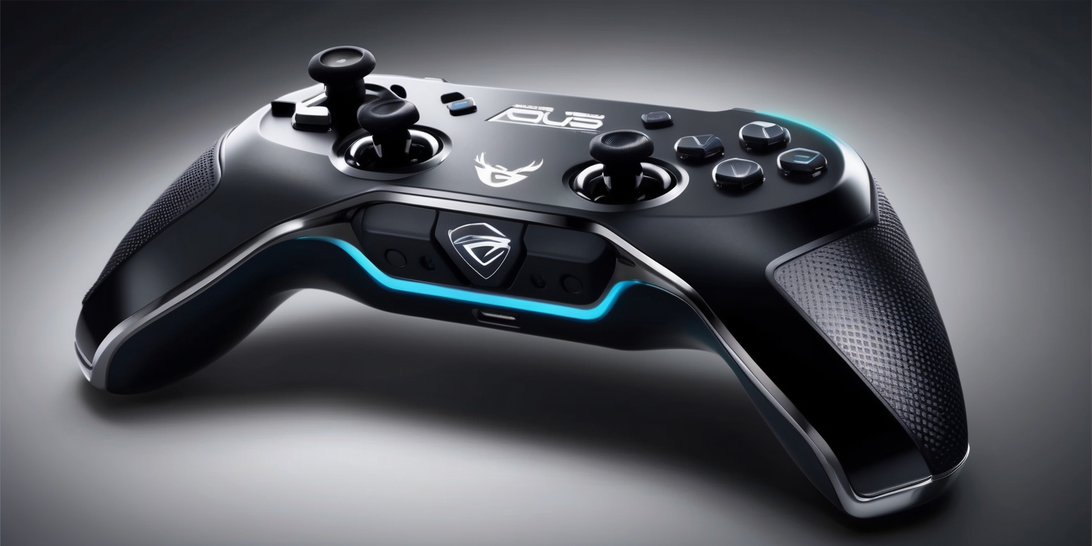 A highly detailed and realistic image of the Asus ROG Tessen controller, a premium gaming controller with a sleek and futuristic design, showcasing its unique features such as the asymmetrical design, the customizable ROG logo, and the textured grip, with a metallic finish and accents that reflect light, set against a dark or gradient background that accentuates the controller's contours and colors, with the controller's buttons, joysticks, and other elements rendered in a realistic and precise manner, highlighting the intricate details and craftsmanship that went into its design.