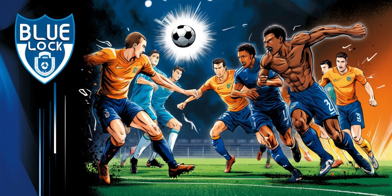 A dramatic illustration of a intense soccer match between rivals from the Blue Lock series, set against a dark blue and orange hued background with flashes of bright light, evoking a sense of high-stakes competition. The players are depicted in dynamic, exaggerated poses, with rippling muscles and intense facial expressions, their skin tones ranging from pale to deep brown. The ball is suspended in mid-air, surrounded by a halo of light, as the players clash in a frenzy of movement. The Blue Lock logo, a stylized blue shield with a silver lock emblem, is emblazoned on the upper left corner of the image in bold, modern font. The overall style is a mix of realistic and stylized, with bold lines and vibrant colors, reminiscent of a sports manga or anime. The image conveys a sense of electric energy and tension, capturing the essence of a high-pressure rivalry match.