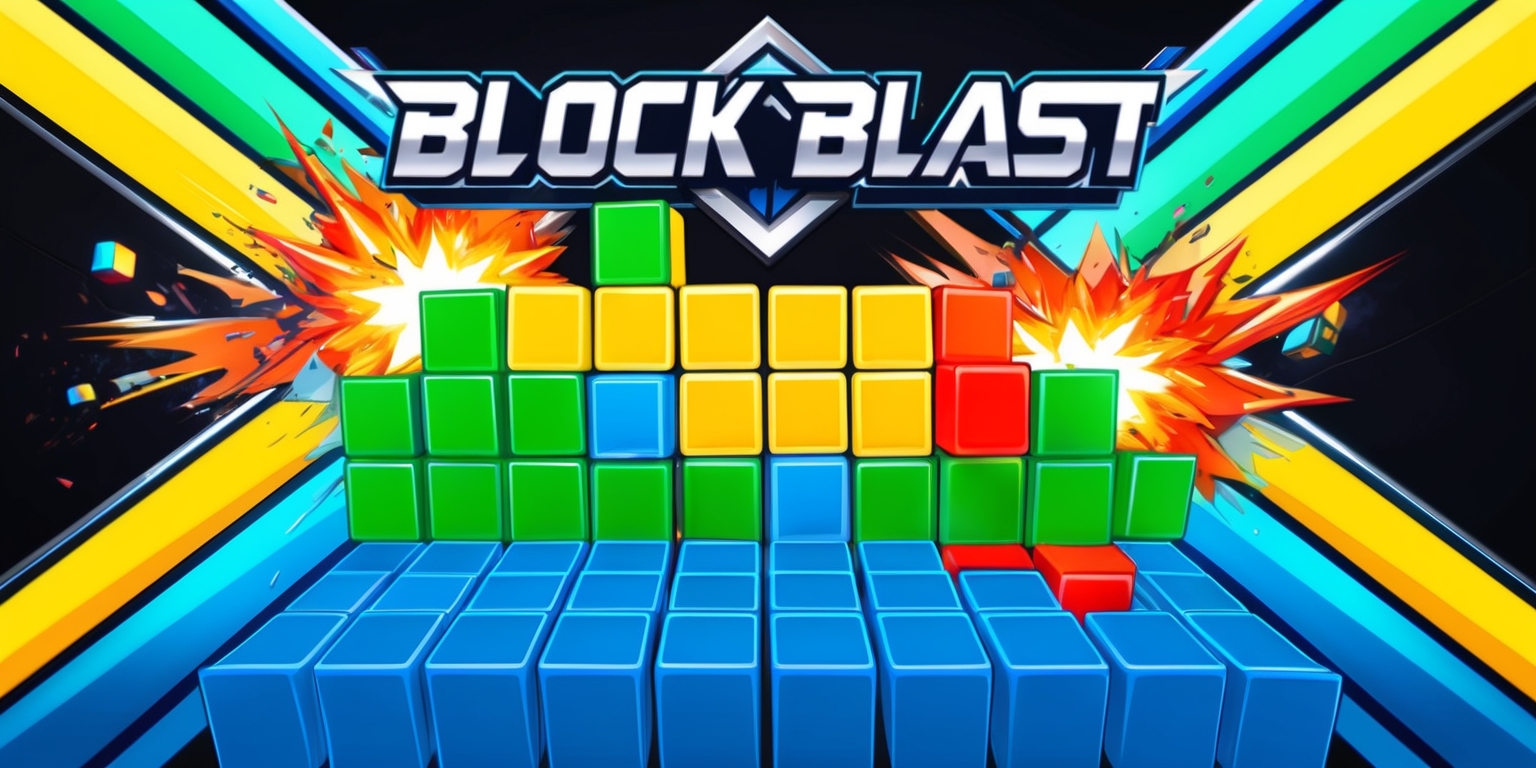 A colorful digital illustration of the Block Blast game, featuring a vibrant grid of cubical blocks in shades of blue, green, and yellow, with explosive blasts of orange and red, set against a contrasting dark background, the game's logo in bold, futuristic font with metallic silver accents, situated at the top of the composition, with a few blocks exploding in the foreground, releasing colorful fragments and light effects, the overall style is dynamic and playful, with sharp lines and geometric shapes, the layout is centered and symmetrical, with the game board as the main focus, and the explosions and special effects adding a sense of energy and movement to the scene.