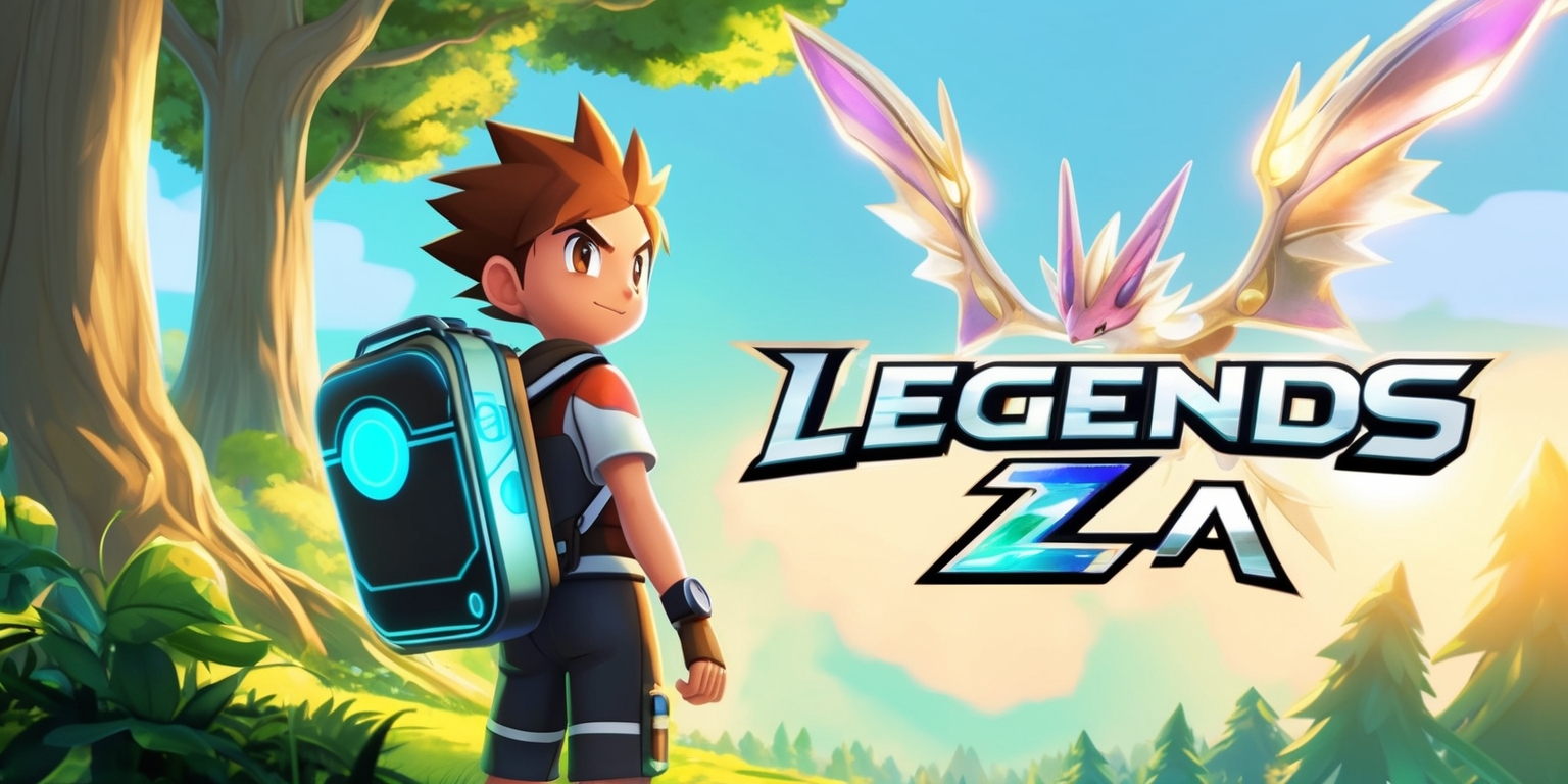 A vibrant video game illustration of Pokémon Legends: Z-A, set in a lush, green forest with towering trees, featuring a young, determined trainer with short, spiky brown hair and bright, inquisitive brown eyes, wearing a sleek, high-tech backpack and holding a glowing, high-tech Pokédex, standing alongside a majestic, mythical Pokémon with shimmering, iridescent scales and wings, with a warm, golden light casting a sense of adventure and excitement, and a subtle, gradient blue sky with puffy, white clouds in the background, with the Pokémon Legends: Z-A logo prominently displayed in bold, futuristic font with a metallic, silver color and a sleek, modern design.
