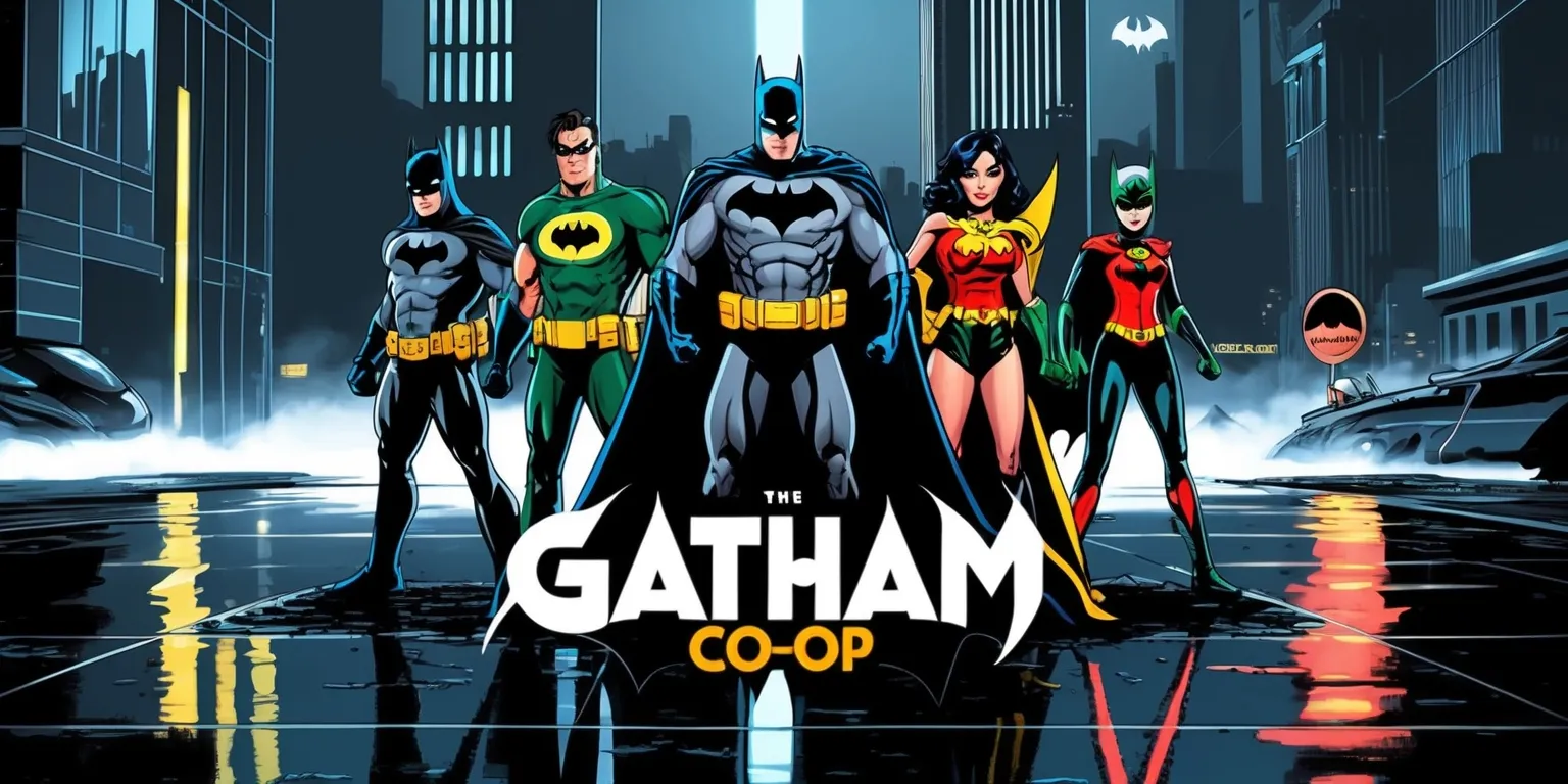 A stylized illustration of the Gotham Co-op game, set in a dark and gritty urban landscape with sleek skyscrapers and neon lights reflecting off wet pavement, featuring iconic heroes from the Batman universe, such as Batman, Robin, and Batgirl, standing together in a powerful pose, with determined facial expressions and diverse skin tones, surrounded by a hint of fog and mist, with the Gotham City skyline in the background, including the Bat-Signal shining bright in the night sky, and incorporating a mix of modern and classic architectural elements, with a color palette of deep blues and greys, accentuated by bold yellow and red hues, and a dynamic composition that emphasizes teamwork and cooperation, with the heroes' logos and emblems prominently displayed in a bold, graphic style.
