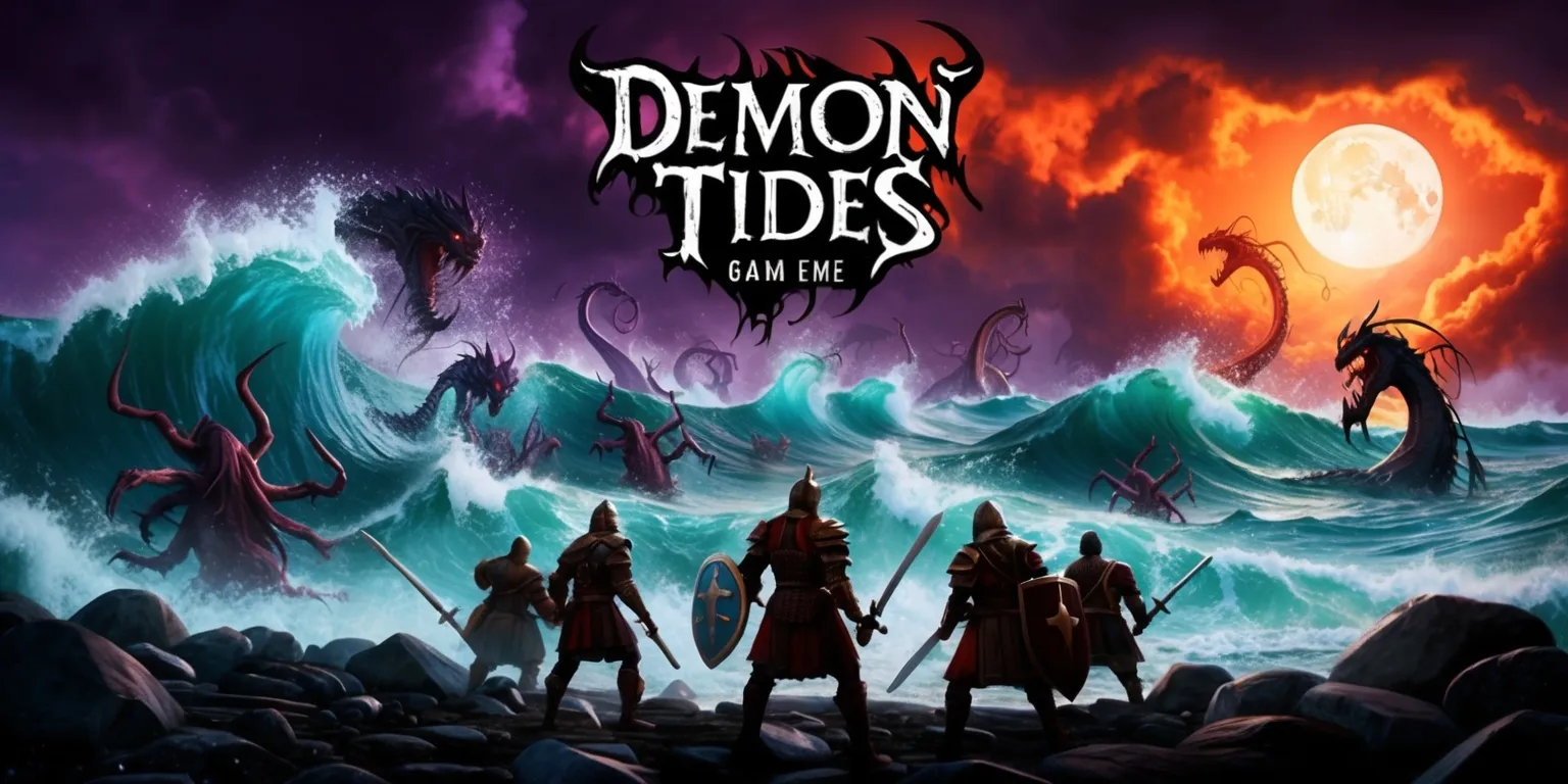 A dark fantasy artwork depicting the Demon Tides game, with ominous waves crashing against a rocky shoreline, set against a backdrop of a fiery orange and purple sky, illuminated by a full moon, with silhouettes of demonic creatures rising from the depths of the turbulent sea, their twisted forms and glowing red eyes visible amidst the splashing water, in the foreground a group of brave warriors stand ready to face the impending doom, with swords and shields at the ready, their determined facial expressions and armor glistening with a faint moonlit glow, the overall atmosphere is one of intense foreboding and epic struggle between good and evil.