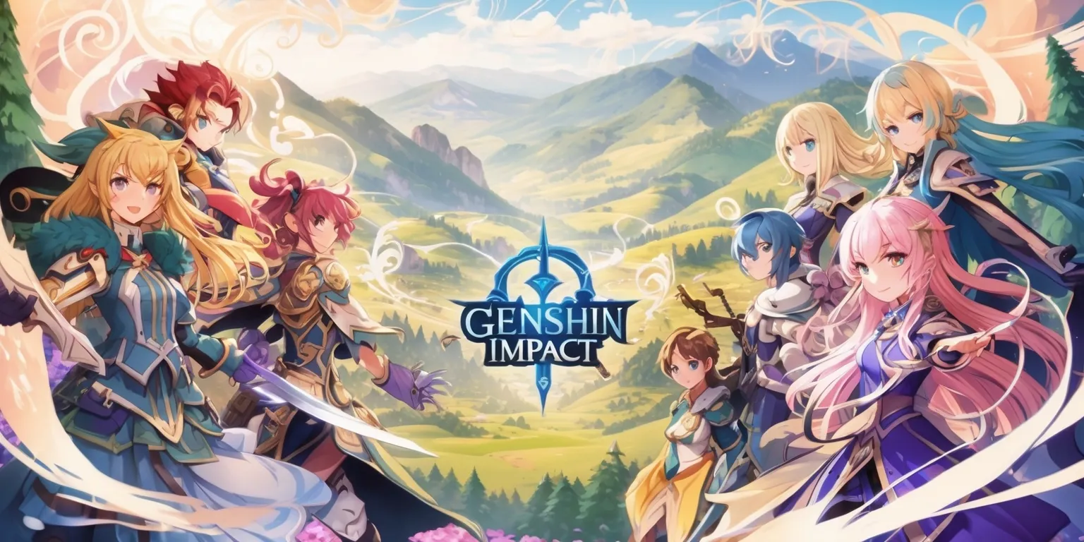 A vibrant, stylized illustration depicting a scene from the popular Genshin Impact game, showcasing a diverse group of characters with intricate, anime-inspired designs, set against a breathtaking, fantasy landscape with rolling hills, towering mountains, and lush forests, with a mix of warm, pastel colors and soft, ethereal lighting, featuring characters such as Diluc, Kaeya, and Mona, with distinctive facial features, striking skin tones, and unique, elemental abilities, surrounded by subtle, mystical energies and delicate, swirling patterns, with the game's iconic logo discreetly integrated into the composition, blending seamlessly into the atmospheric, dreamlike environment.