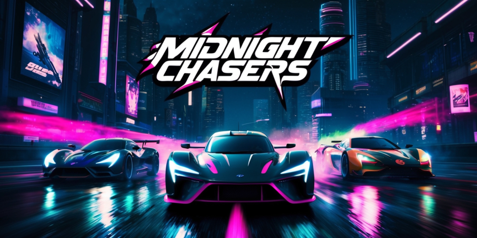 A futuristic racing game screenshot depicting a high-speed nighttime scene, set in a dystopian metropolis with towering skyscrapers and neon-lit advertisements, dominated by hues of deep blues and purples, with flashes of vibrant pink and green accents highlighting the sleek, aerodynamic cars zooming past, their headlights casting an eerie glow on the wet asphalt, amidst a backdrop of dark alleys and city streets, with the Midnight Chasers logo emblazoned in bold, metallic silver font, with sharp, angular lines and a stylized, graffiti-inspired design, top-center of the frame, against a dark, starry night sky.