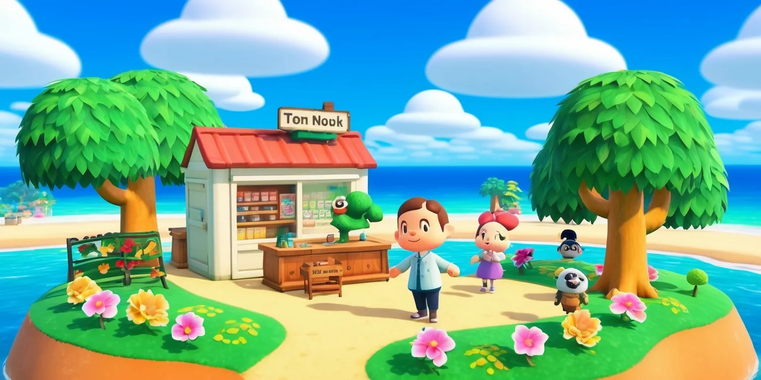 A vibrant and colorful digital illustration of a scene from the Animal Crossing: New Horizons game, set on a sunny island with clear blue skies and fluffy white clouds, featuring Tom Nook's store and various adorable characters including Tom Nook himself, Isabelle, and K.K. Slider, with lush green trees, blooming flowers, and a serene beach in the background, rendered in a whimsical and playful style reminiscent of the game's charming graphics, with bold lines, bright pastel colors, and intricate details, showcasing the game's unique and captivating art style.