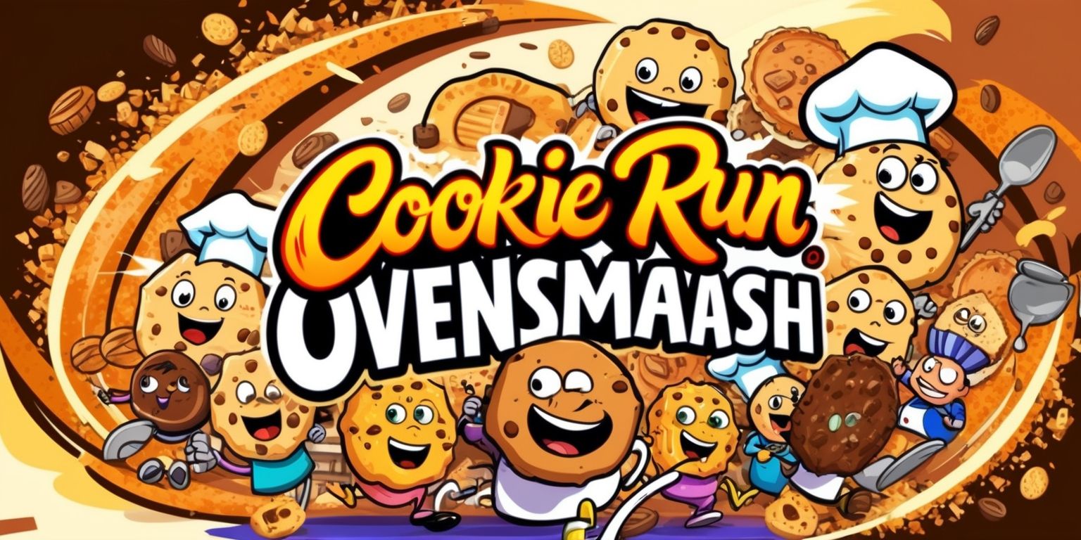 A vibrant and colorful digital illustration of the Cookie Run: OvenSmash game, featuring a bustling scene with various cookie characters, each with unique facial features and expressions, set against a warm and inviting background with shades of golden brown, creamy white, and rich chocolate, with bold lines and textures, and a dynamic composition that showcases the game's energetic and playful atmosphere, with the OvenSmash logo prominently displayed in a modern, cursive font with bright, fiery colors, surrounded by swirling patterns of cookie crumbs and baking utensils, and the overall style reminiscent of a lively and action-packed cartoon, with a focus on conveying the excitement and joy of the game.