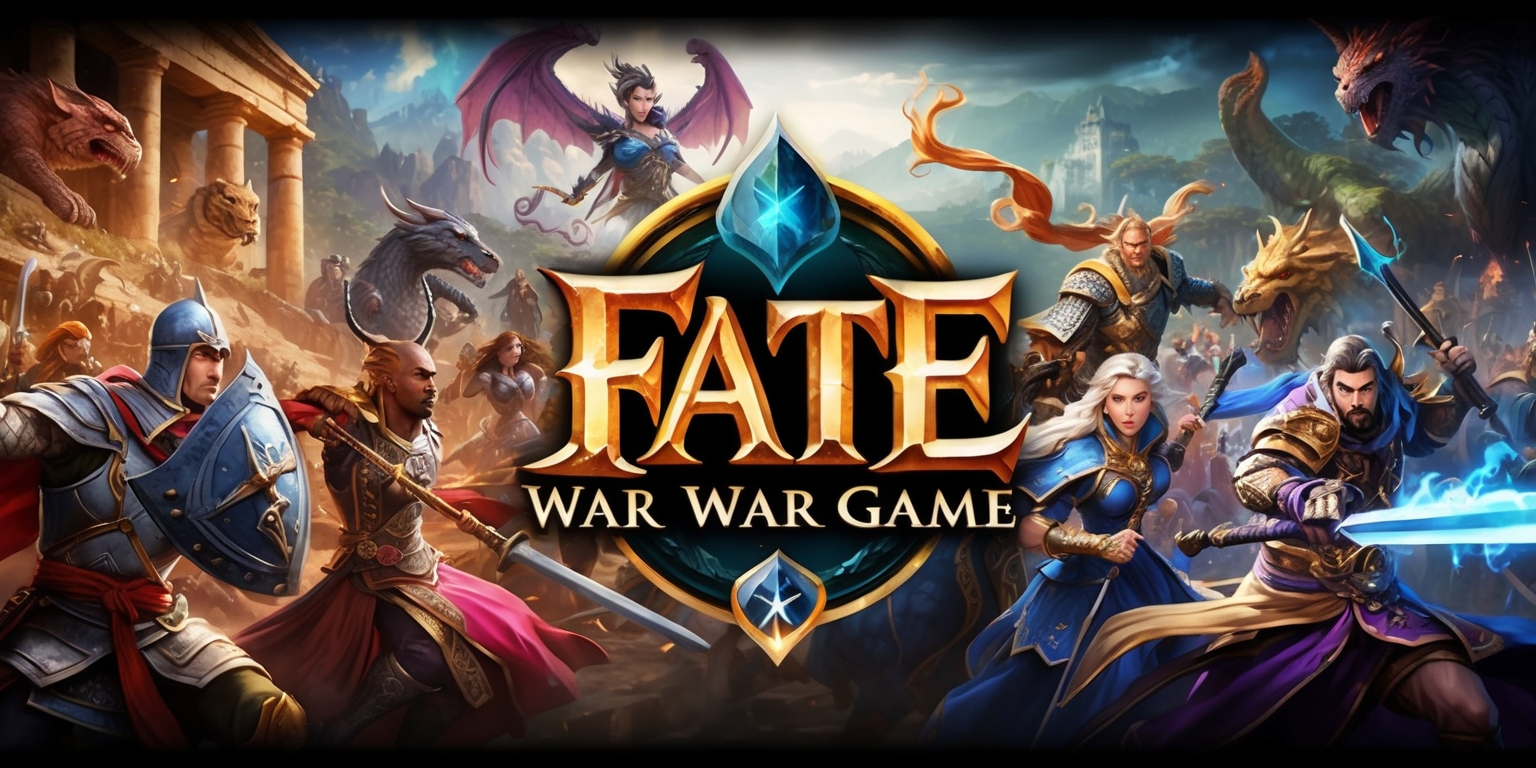A dramatic scene depicting a fantasy war game set in a mystical realm, with intricate details and bold colors, featuring mythical creatures and legendary heroes engaged in an epic battle, set against a backdrop of ancient ruins and mystical landscapes, with a focus on dynamic lighting and intense action, and in the foreground, a group of warriors with unique facial features, diverse skin tones, and distinctive attributes, such as a brave knight with a determined expression, a cunning mage with a staff, and a fierce warrior with a sword, all immersed in the heat of the battle, with the Fate War game logo prominently displayed in a bold, golden font, with the tagline written in a curved line above it in a elegant, cursive script.
