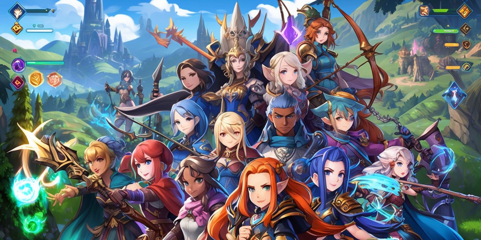 A vibrant digital illustration depicting a mobile MMORPG game scene, set against a richly detailed fantasy landscape with rolling hills, towering spires, and lush forests, featuring a variety of characters with unique facial features, diverse skin colors, and distinctive clothing, with a mix of magic wielders, warriors, and archers, all rendered in a stylized anime-inspired art style, with bold lines, intricate textures, and a vivid color palette, including shades of blue, green, and purple, and incorporating various visual effects such as glowing auras, spells, and weapons, with a user interface overlay displaying health bars, skill icons, and a minimap, all carefully composed to showcase the game's immersive gameplay and interactive elements.