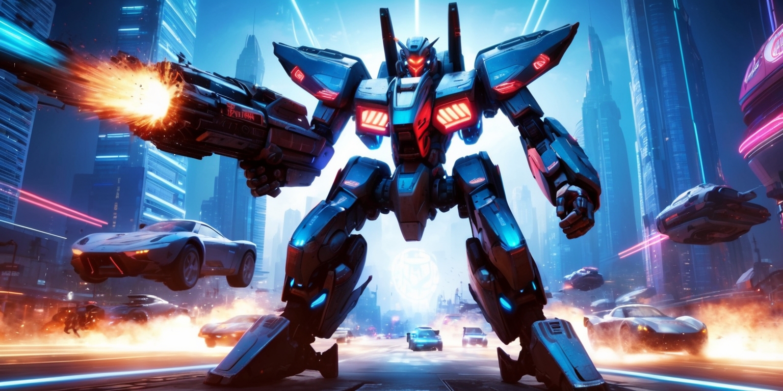 A futuristic mech stands prominently in the center of a sleek, neon-lit cityscape, with towering skyscrapers and flying cars zipping by in the background, as the mech's metallic body glows with a vibrant blue light, its sharp, angular lines and glowing red optics evoking a sense of advanced technology and power, with a massive gun attached to its arm, firing a blast of energy at an unseen target, amidst a flurry of explosions and smoke, with the mech's cockpit glowing with a soft, pulsing light, as the pilot's face is set in a determined expression, with a strong jawline and piercing brown eyes, surrounded by a halo of light, highlighting the intensity of the moment, with the game's logo emblazoned on the mech's shoulder in bold, silver letters, and the city's neon lights reflecting off the mech's polished surface, creating a dazzling display of color and light.