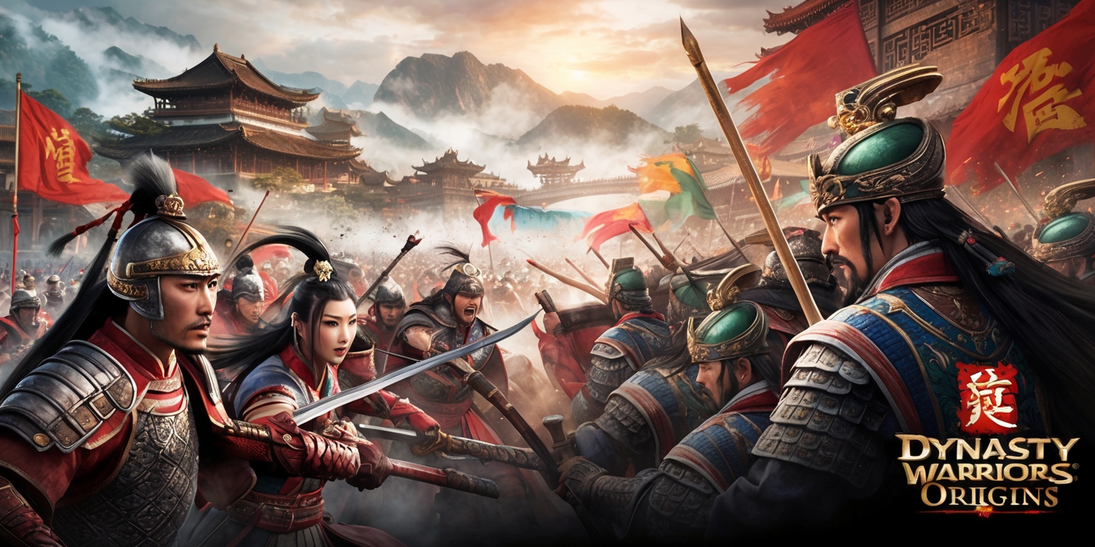 A historic, action-packed scene from Dynasty Warriors: Origins, set in ancient China, depicting a dramatic confrontation between powerful warriors amidst a backdrop of misty mountains and sprawling landscapes, with intricate details on armor, weapons, and traditional Chinese architecture, rendered in a vibrant color palette with hints of gold, crimson, and emerald, with bold brushstrokes and dynamic composition, showcasing iconic characters with distinctive facial features, such as Zhao Yun's sharp jawline, Ma Chao's piercing gaze, and Cao Cao's regal demeanor, with subtle hints of battle-worn fatigue, amidst a sea of clashing armies, with flags, banners, and ornate accessories, and in the corner, a subtle logo of the game's emblem, a stylized Chinese character for Dynasty in bold, golden font.