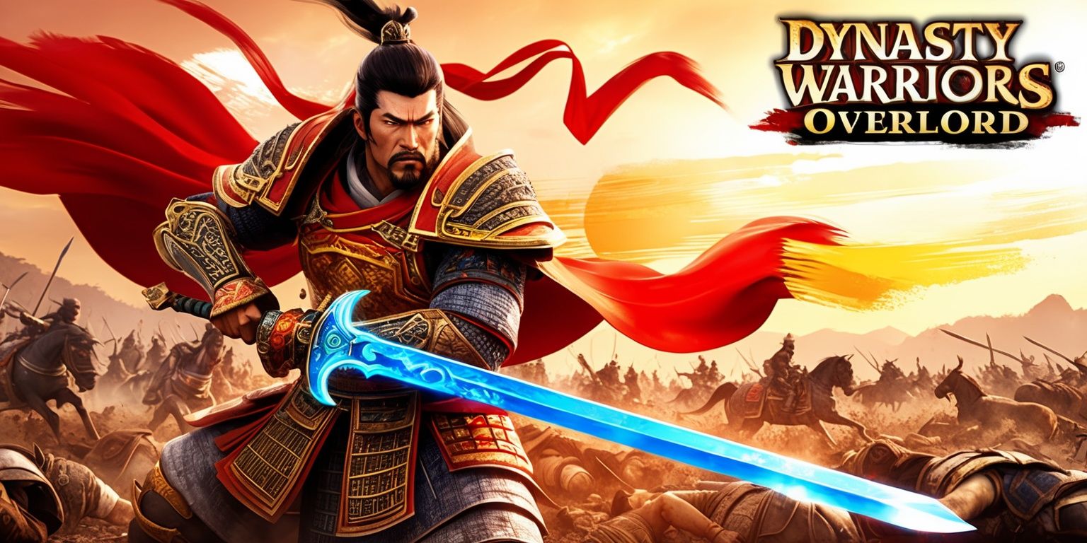 A dramatic scene from Dynasty Warriors: Overlord game, featuring a powerful warrior in ancient Chinese armor, with intricate golden accents and a vibrant red cape flowing behind, set against a backdrop of a chaotic battlefield with fallen soldiers and horses, amidst a warm orange and yellow sunset, with bold brushstroke-style clouds and distant mountains, the warrior's facial features strong and determined, with a fierce gaze and distinctive facial hair, wielding a large sword with a glowing blue blade, surrounded by intense action lines and dynamic movement, with the game's logo emblazoned in bold, golden font at the top of the image, in a cinematic composition with a shallow depth of field, emphasizing the warrior's dominance and heroism.