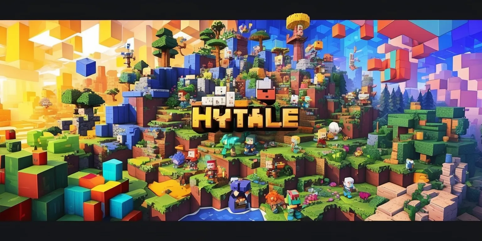 A vibrant digital illustration of the Hytale game, showcasing a fantasy world with blocky terrain, diverse biomes, and an array of vibrant colors, featuring a multitude of characters and creatures, with intricate details and textures, set against a dynamic backdrop with a mix of warm and cool hues, incorporating various game elements such as cubes, trees, and structures, with a focus on adventurous and exploratory themes, and a unique artistic style that blends pixel art with modern computer-generated imagery, with bold lines, geometric shapes, and a sense of depth and dimensionality.