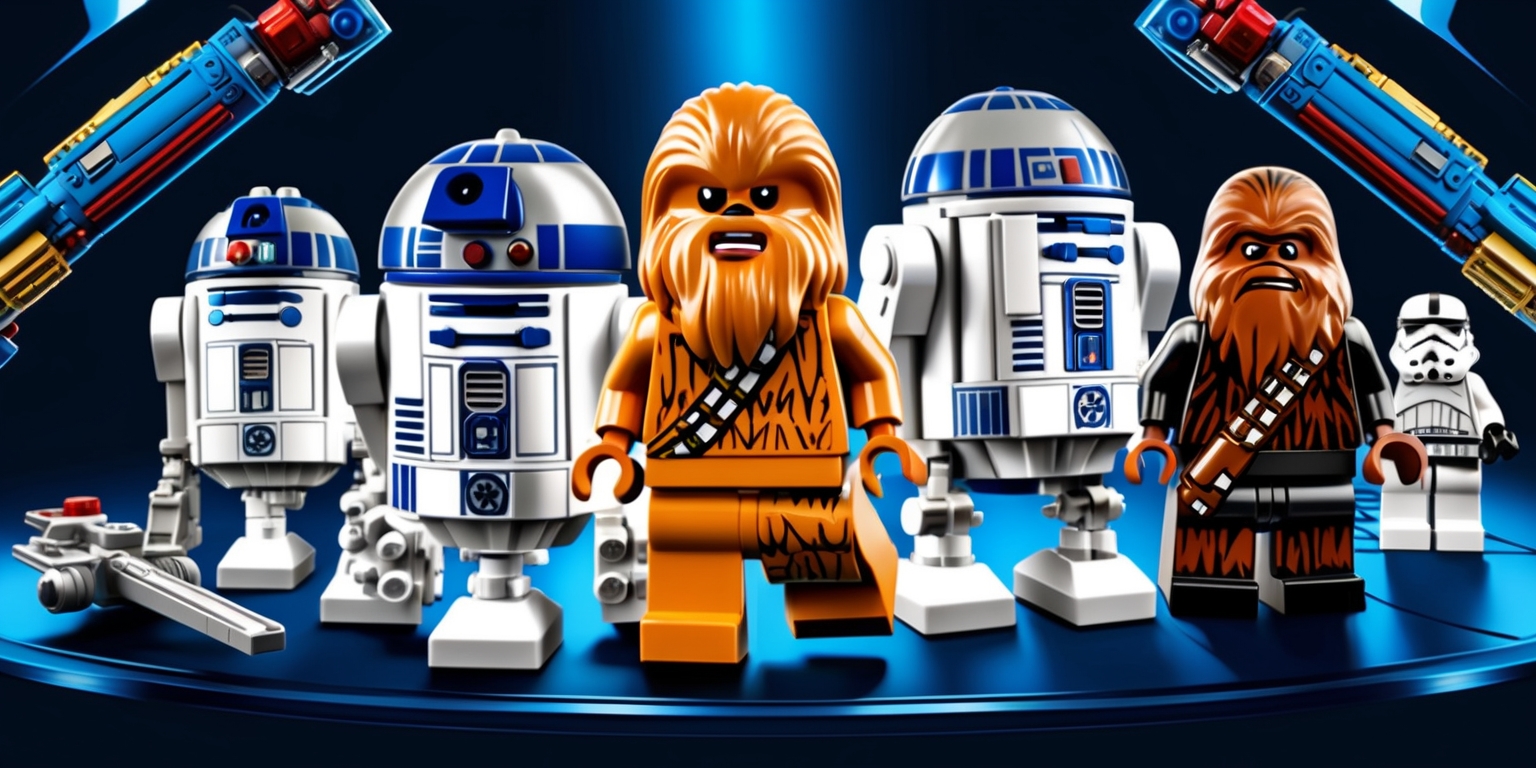 A colorful, vibrant, and intricate digital illustration featuring a collection of Lego Star Wars models, prominently showcasing R2-D2 and Chewbacca, set against a sleek, dark blue background to highlight the textures and colors of the miniature figurines, with R2-D2's gleaming silver and blue body and Chewbacca's furry, bandolier-adorned body standing out, surrounded by other Lego models and accessories from the Star Wars universe, such as lightsabers, blasters, and miniature spaceships, with bold, dynamic shadows and highlights accentuating the 3D feel of the Lego pieces, and a sense of nostalgia and playfulness permeating the overall composition.