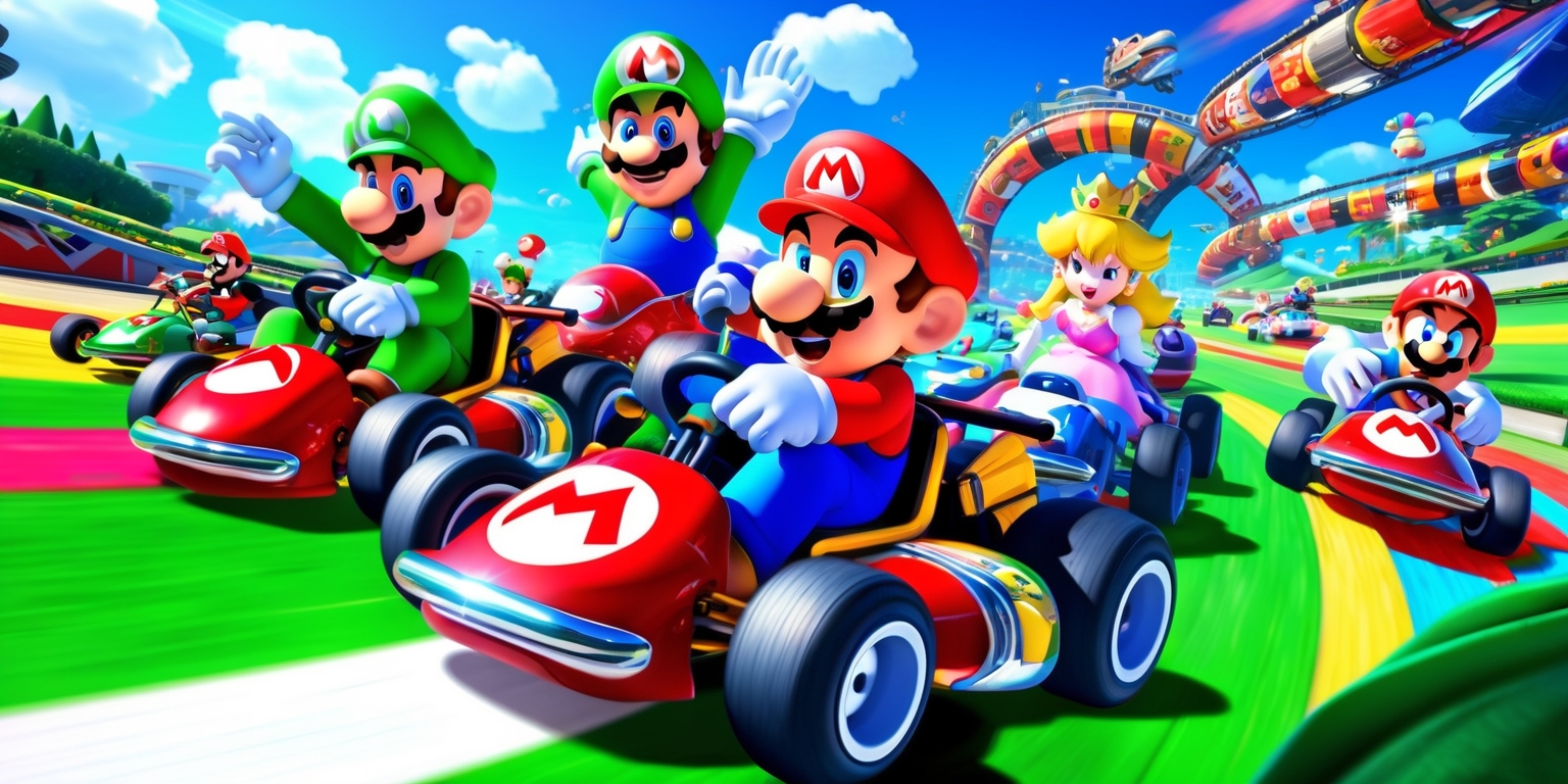 A vibrant and action-packed illustration of Mario Kart World, depicting iconic characters from the Mario franchise racing on colorful tracks, surrounded by lush green grass, blue skies, and detailed background elements, with a dynamic layout that captures the thrill and excitement of the game, featuring Mario, Luigi, Princess Peach, and other beloved characters with distinct facial features and vibrant outfits, with racing karts and tracks filled with subtle textures and metallic sheens, set against a warm and sunny atmosphere with dramatic lighting and soft shadows, with bold lines and vibrant colors inspired by the game's original art style, and a clear sense of movement and energy.