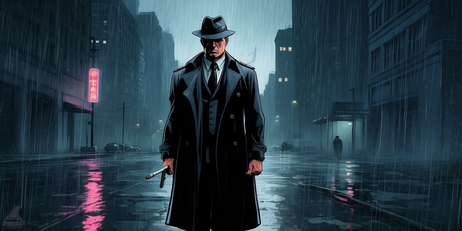 A gritty urban cityscape at dusk with a lone figure of a gangster standing in the middle of a rain-soaked street, wearing a long black trench coat, a fedora hat, and holding a cigarette, with a faint glow of a neon sign reflecting off the wet pavement, the atmosphere is tense and ominous, the colors are muted with shades of dark blues and greys, the style is reminiscent of a graphic novel, the layout is cinematic with the gangster placed in the center, the facial features are sharp with a strong jawline, piercing eyes, and a scar above the left eyebrow, the skin tone is a warm beige, the overall aesthetic is dark and intense, with a sense of foreboding and danger lurking in the shadows.
