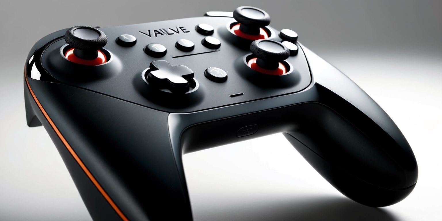 A detailed view of a Valve game controller, with a focus on its sleek and modern design, featuring a mix of matte and glossy textures, and a predominantly black color scheme with accents of bright colors, the controller's layout showcasing an array of buttons, joysticks, and a directional pad, all situated in a ergonomic and futuristic arrangement, with precise lighting highlighting the intricate details of the device, and a subtle contrast between the controller's smooth curves and sharp edges, set against a neutral background that allows the device to take center stage.