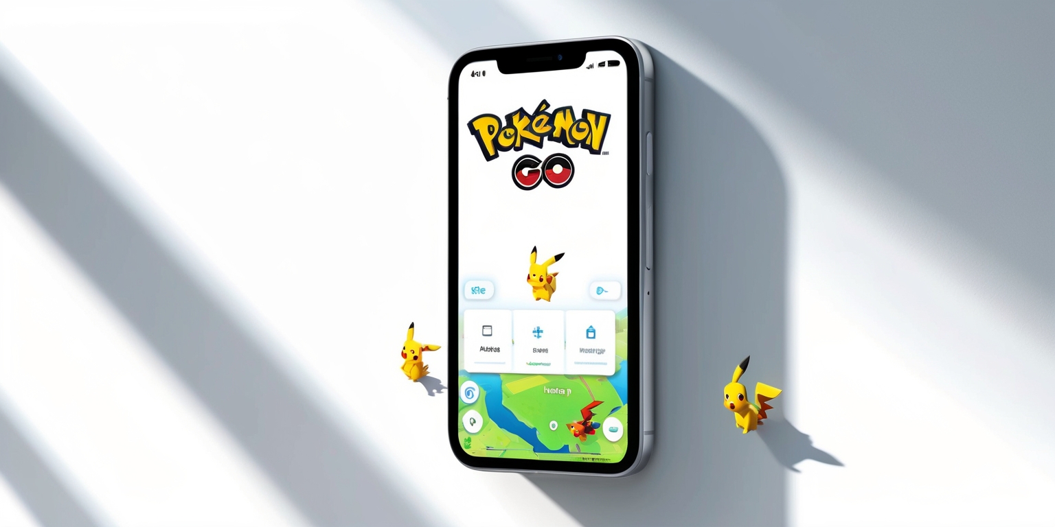 A modern, high-resolution digital illustration of the Pokémon Go app on a sleek, silver smartphone, set against a clean, white background, with the app's iconic logo prominently displayed at the top of the screen, featuring a stylized, bold red and white color scheme, with the Pokémon Go text in a bold, sans-serif font, accompanied by a subtle, gradient effect, giving it a sense of depth and dimensionality, with the app's user interface elements, such as buttons, maps, and menus, showcased in a minimalistic and intuitive design, with a few, strategically placed Pokémon characters, such as Pikachu or Charizard, scattered throughout the screen, adding a pop of color and playfulness to the overall composition, with the entire scene bathed in a soft, natural light, evoking a sense of excitement and adventure.