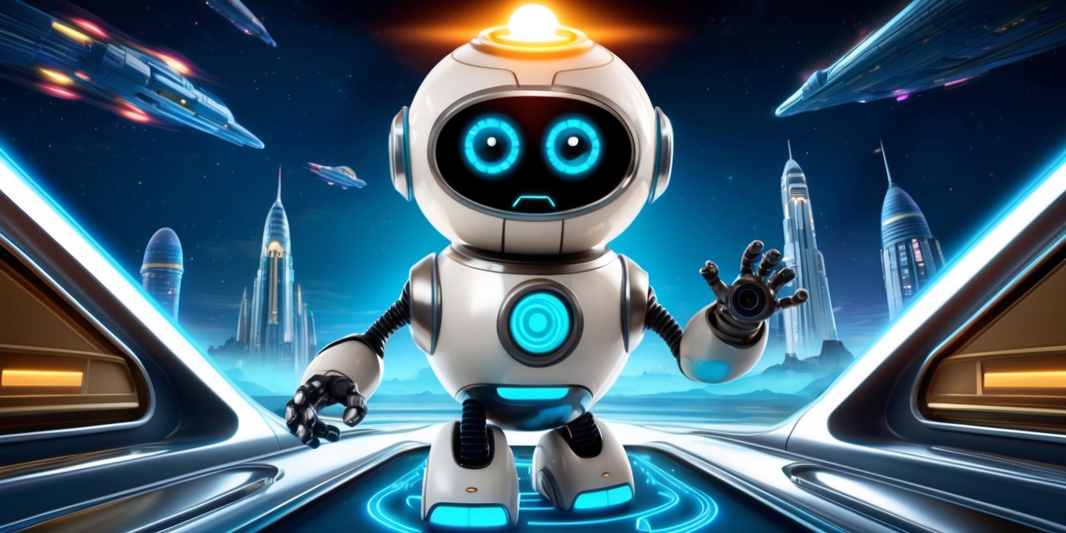 A vibrant, futuristic scene depicting Astro Bot, a small, spherical robot with a bright, shining light on its head, amidst a rescue mission in a stylized, neon-lit environment inspired by classic sci-fi movies, with sleek, metallic surfaces, and glowing blue circuits; Astro Bot's body is a gleaming white and silver, with a hint of blue accents, and has a determined expression on its digital face, which features two large, round eyes and a small, curved mouth; in the background, a cityscape with towering skyscrapers and spaceships flying by, with a deep, starry night sky above, filled with tiny, twinkling stars and orbiting planets; the overall aesthetic is a mix of retro-futurism and modern, high-tech design elements.