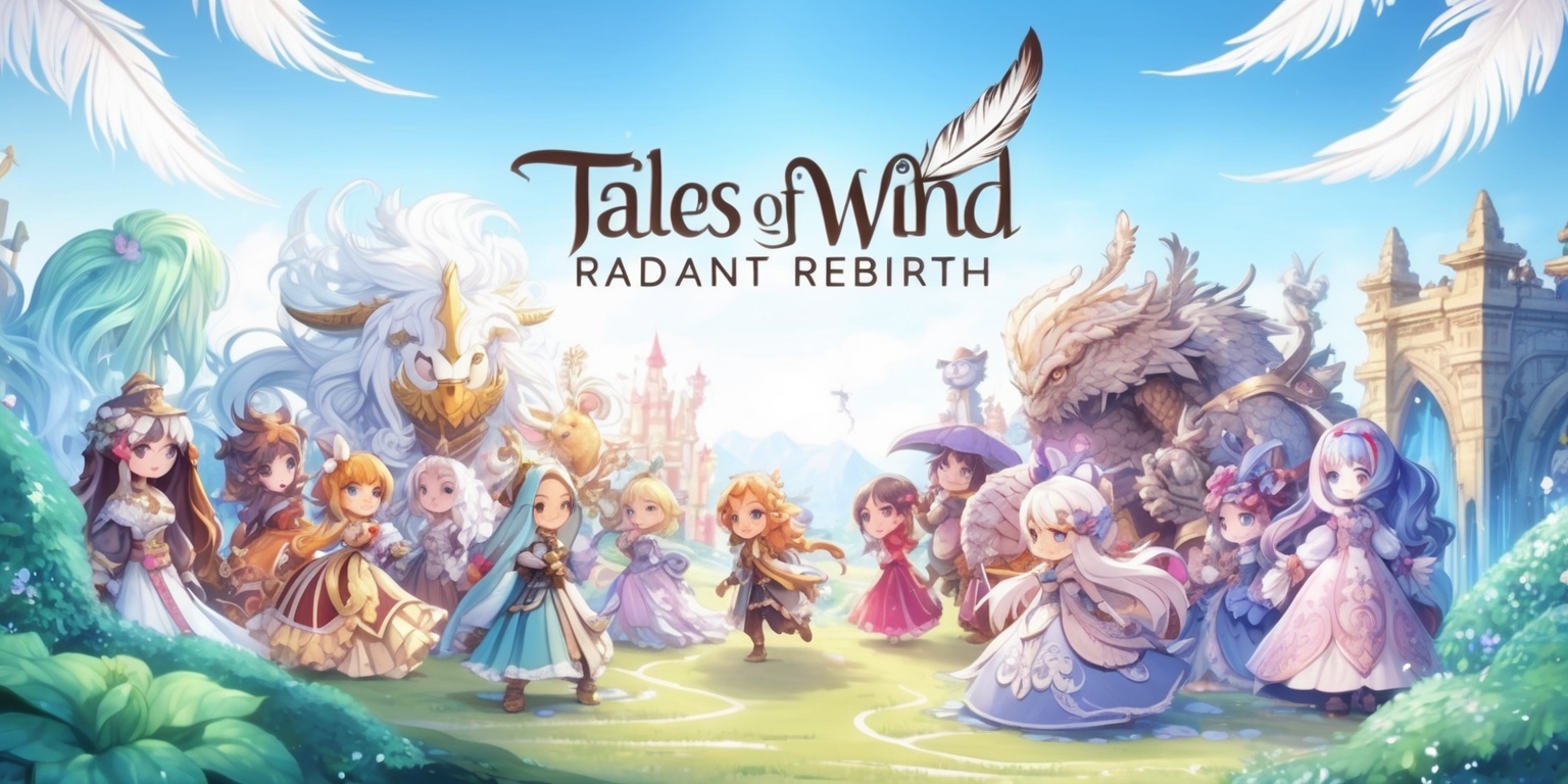 A serene, dreamlike illustration depicting the whimsical world of Tales of Wind Radiant Rebirth, a popular mobile game, set against a soft, gradient blue sky with feathery white clouds, where fantastical creatures and characters from the game's realm come to life in vivid, pastel hues, with intricate details and ornate patterns, showcasing the game's stunning art style, complete with delicate linework, watercolor-inspired textures, and an ethereal ambiance, as characters with diverse skin tones, hairstyles, and elaborate costumes mingle and interact, surrounded by lush greenery, sparkling waterfalls, and ancient, mystical architecture, evoking a sense of wonder and enchantment, with the game's logo, featuring elegant, cursive script and a stylized feather, positioned discreetly in the corner of the composition.