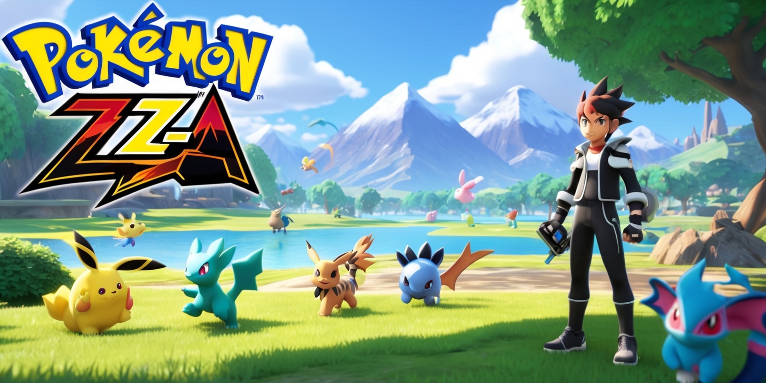 A scene from Pokémon Legends: Z-A game, featuring a vibrant, colorful, and fantastical world with lush green forests, majestic mountains, and serene lakes, set against a warm, sunny backdrop with a few puffy white clouds, and in the foreground, a variety of Pokémon roaming freely, including a few legendary ones, with a young, brave, and determined trainer standing in the distance, wearing a sleek, modern outfit with a few iconic Pokémon-inspired accessories, and a trusty Pokédex in hand, with the game's logo, a stylized, bold, and colorful lettering of Pokémon Legends: Z-A, prominently displayed in the top left corner of the image.