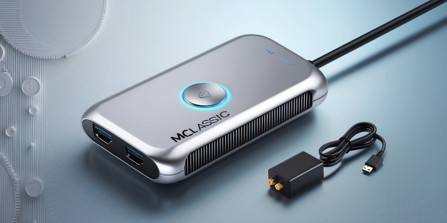 A sleek, modern mClassic Graphics Upscaler gaming accessory is centered on a subtle, gradient-blue background, with soft, rounded edges and a matte finish, showcasing its compact design and futuristic aesthetic, featuring a silver metallic body with a prominent, circular power button and a series of tiny, LED indicator lights running along the top, surrounded by intricate, precision-engineered vents and cooling grills, with two HDMI ports and a USB connector prominently displayed on the rear, accompanied by a thin, black cable and a small, compact power adapter, set against a faintly visible, textured pattern of tiny, interlocking gears, evoking a sense of cutting-edge technology and precision craftsmanship.