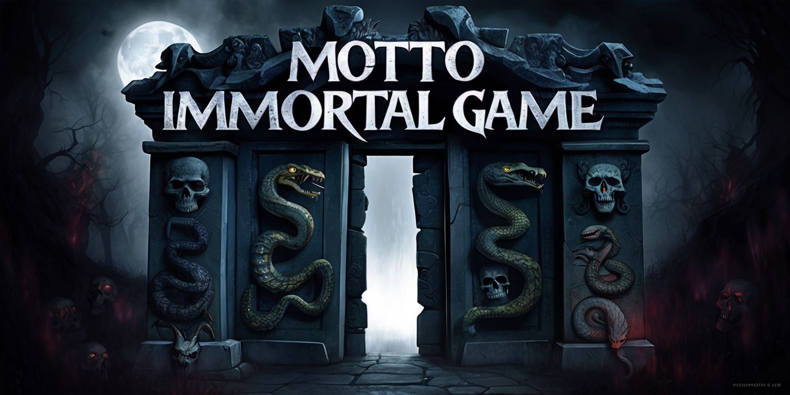 Motto Immortal game, a dramatic scene depicting a large, ancient, stone gate with intricate carvings of snakes, skulls, and other mystical symbols, set against a dark, ominous, misty backdrop with hints of a full moon, the gate is slightly ajar, inviting the viewer to enter, with a faint, eerie glow emanating from within, the overall style is a mix of fantasy and horror elements, with bold, vibrant colors and subtle shading, the text Motto Immortal game is etched in bold, gothic letters at the top of the gate, in a metallic silver color that seems to shimmer in the faint light.