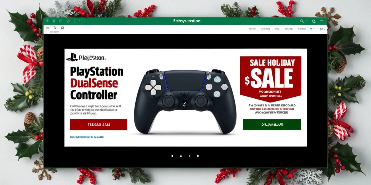 A webpage advertisement for a holiday sale on the PlayStation DualSense Controller, featuring a prominent image of the controller in the center, with a sleek and modern design, set against a clean white or light-colored background, surrounded by festive holiday elements such as snowflakes, holly, or Christmas trees, with bold red and green headlines and text announcing the sale, including the controller's features and discounted price, and a prominent call-to-action button to purchase, with the PlayStation logo prominently displayed in the top left or right corner, in a colorful and eye-catching style, with a layout that is easy to navigate and focuses the viewer's attention on the controller and the sale details.