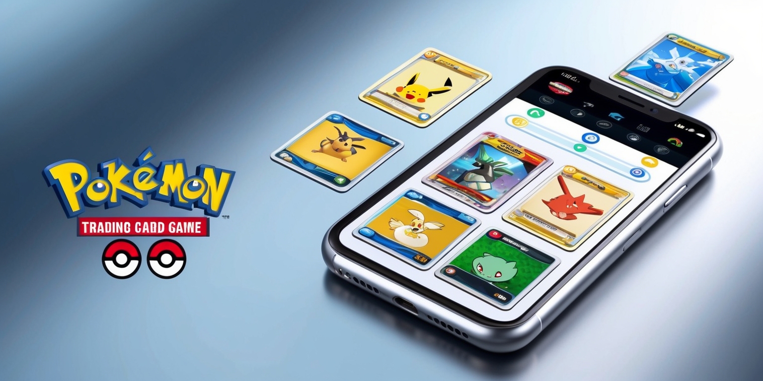 A modern, digital illustration of the Pokémon Trading Card Game app on a sleek, silver smartphone screen, set against a soft, gradient blue background that evokes a sense of excitement and adventure. The app's interface is clean and minimalistic, with bold, colorful icons and fonts reminiscent of the classic Pokémon franchise. A few digital Pokémon cards are scattered across the screen, showcasing a mix of popular creatures, such as Pikachu, Charizard, and Squirtle, each with its unique illustration style and attributes. The cards' borders are ornate, with subtle animations and visual effects that give the impression of depth and interaction. The screen's edges are slightly rounded, with a subtle glow effect to suggest the phone's screen is illuminated. In the top-left corner, the Pokémon Trading Card Game logo is prominently displayed in bold, white, sans-serif font with a red Poké Ball icon.