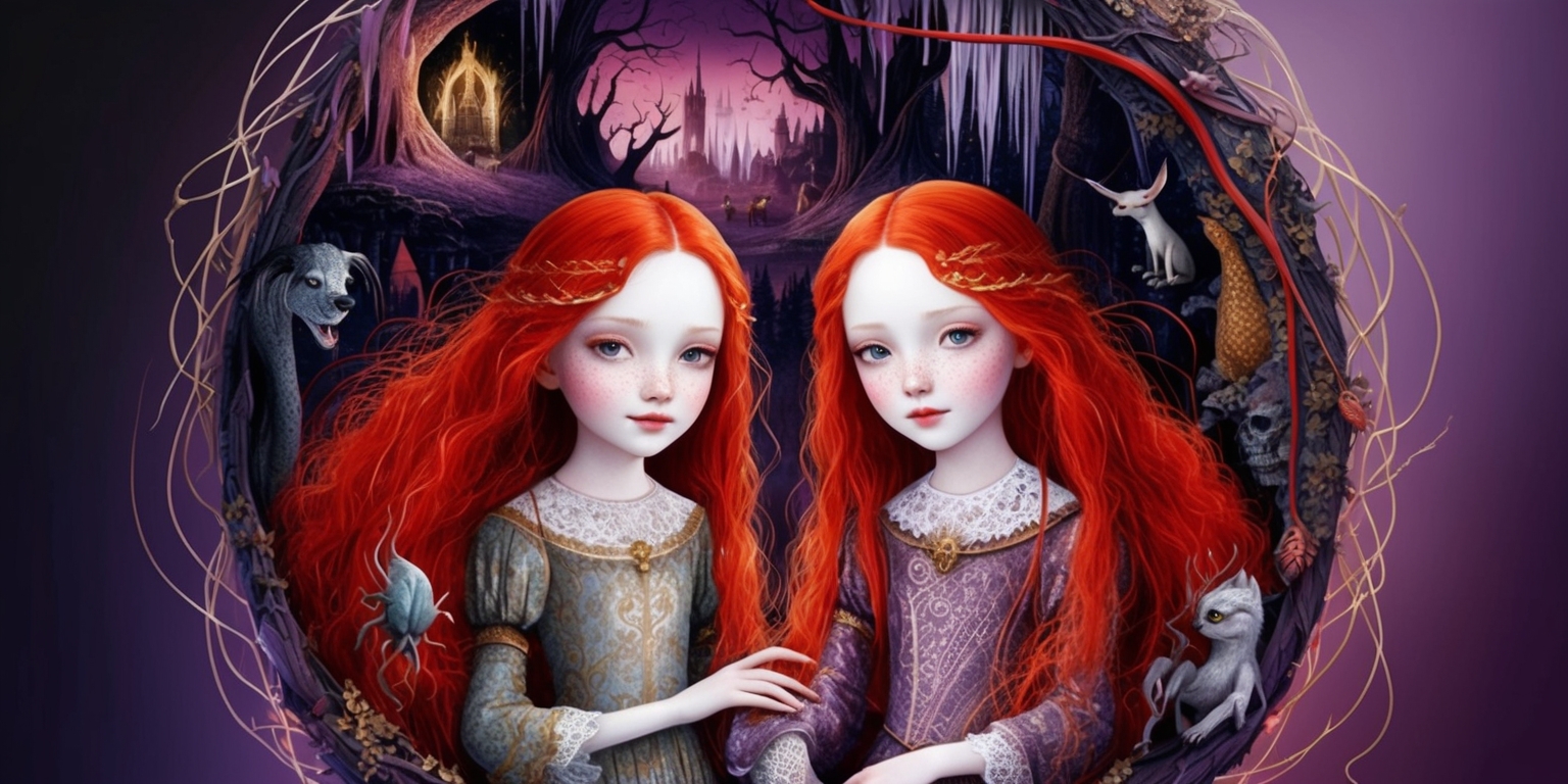 A whimsical illustration of two scarlet-haired girls, surrounded by mystical elements, eerie landscapes, and magical creatures, set against a dark, gradient purple background, with hints of crimson and gold accents, evoking a sense of mystery and wonder, as if taken from a fantasy novel or RPG game, with intricate details and textures, reminiscent of medieval illuminated manuscripts, featuring the girls' vibrant, striking red locks as the central focus, with delicate, porcelain-like skin and intricate, lace-like clothing, amidst a swirl of wispy, ethereal strands and tendrils that seem to weave together the fabric of reality.